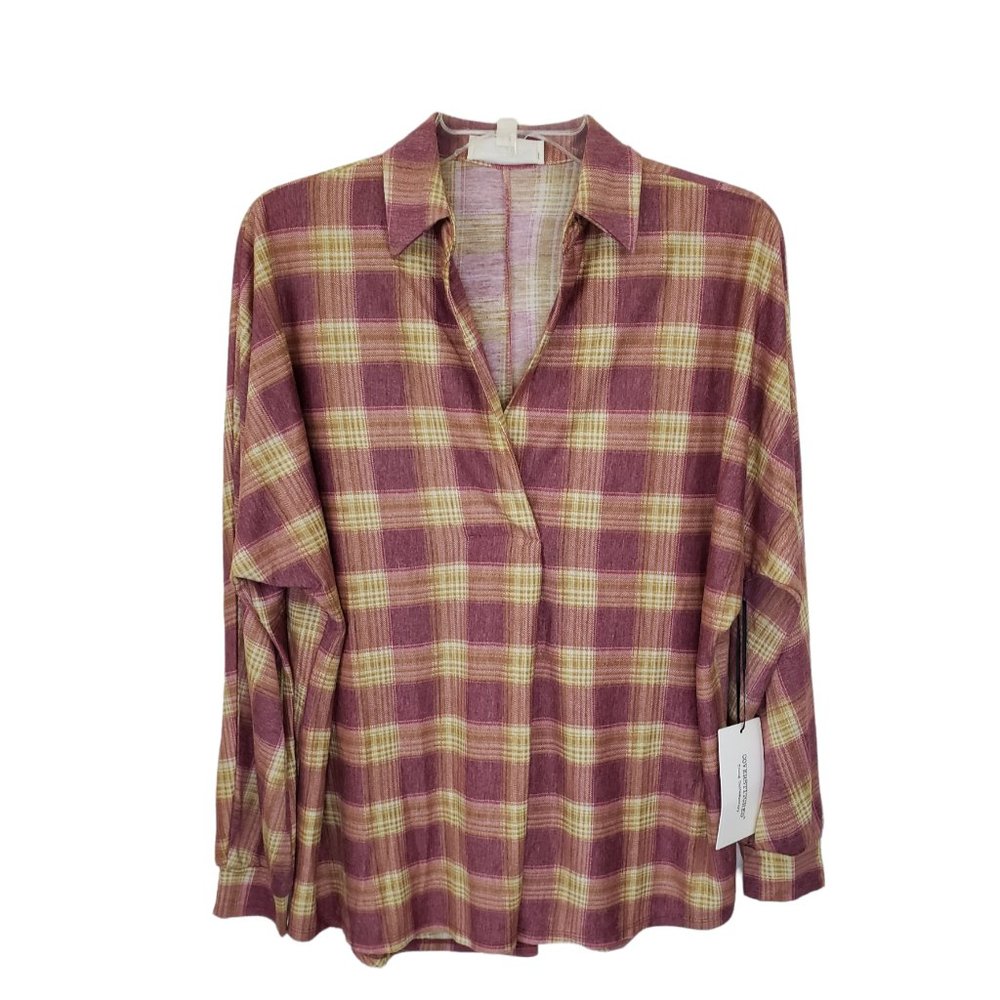 NWT Coverstitched Plaid Raglan Sleeve Flannel Collared Long Sleeve Shirt Sz S